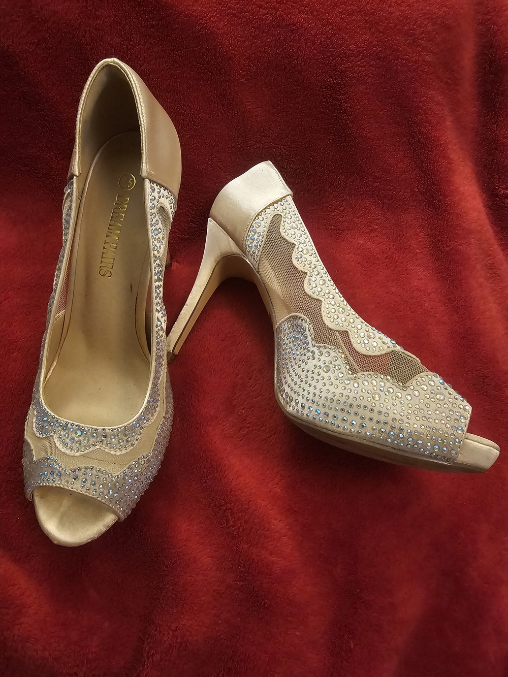 Beige Satin Peep-Toe Heels with Crystal Accents